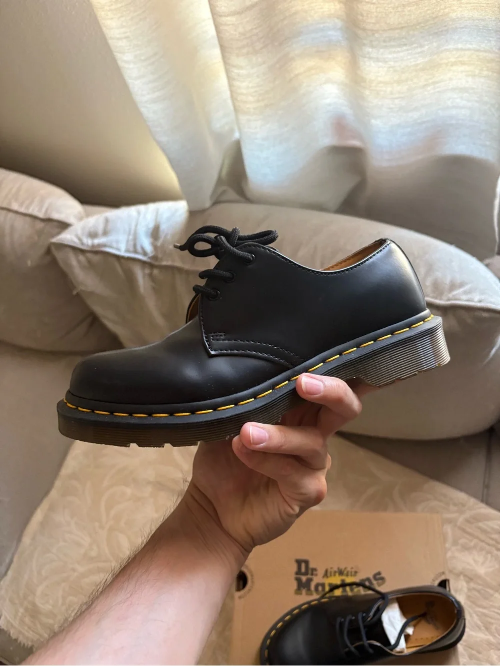 Dr. Martens Black Leather 3-Eye Derby with Yellow Stitching